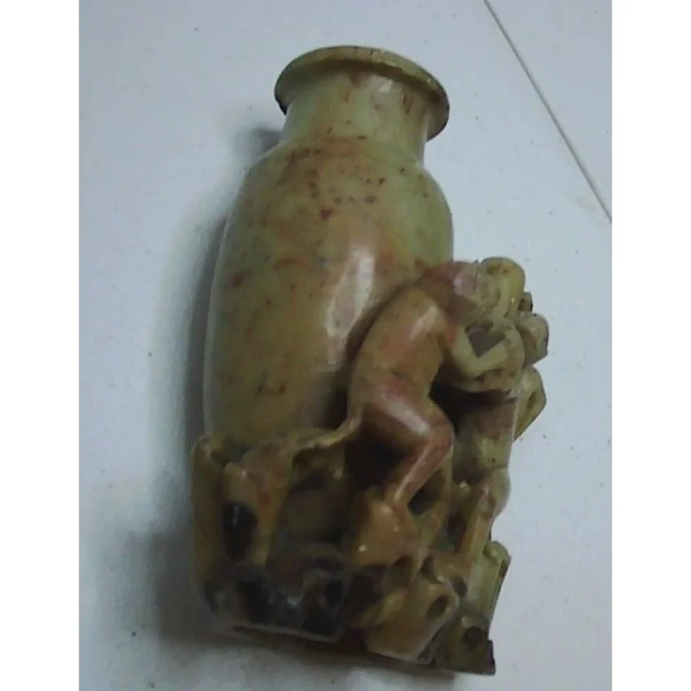 Vintage Asian China Hand Carved Two Monkeys Soapstone Vase Holder  5.5
